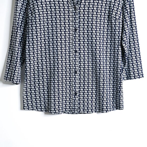 TALBOTS Navy Light Blue White Chain Pattern 3/4 Sleeves Button Down Top - Sz Med - Picture 5 of 10